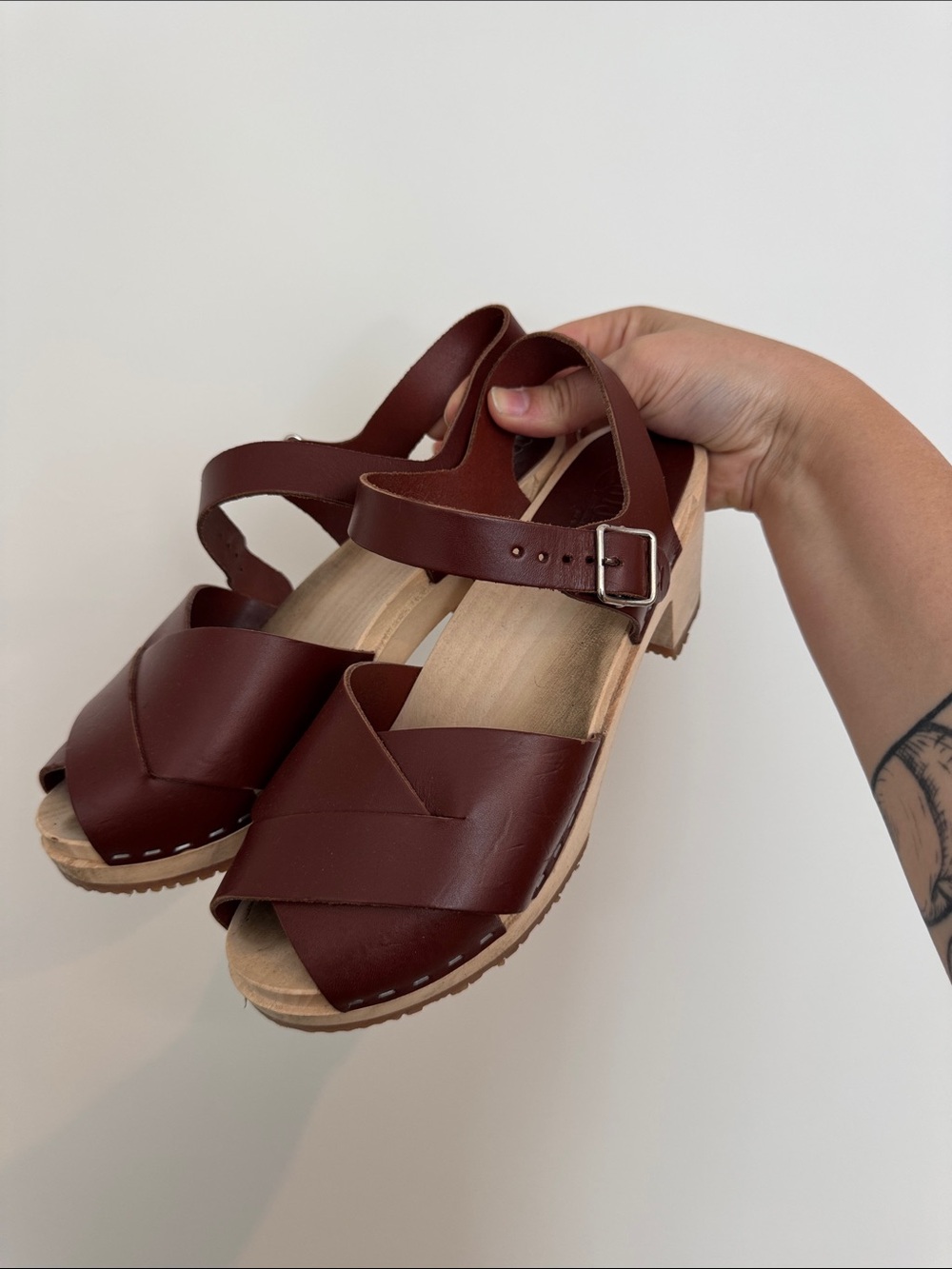Women’s Brown Leather Clog Mules with Buckle Strap